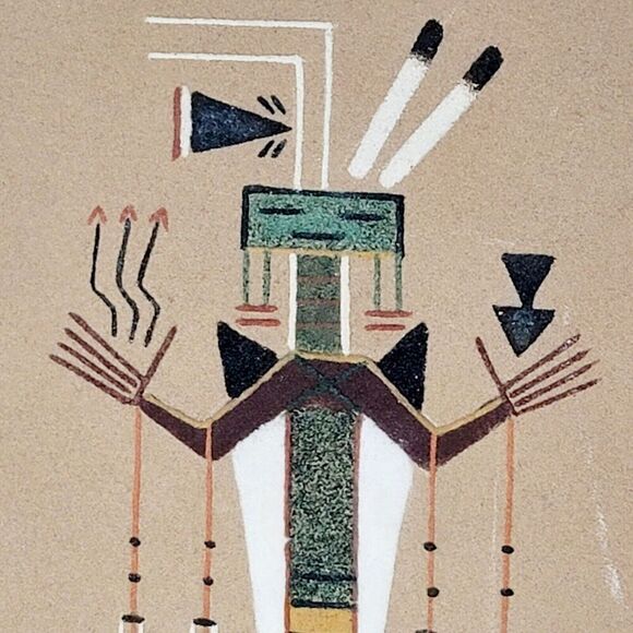 Vtg Sand Art by JA Begay Female Yei Navajo signed w/ description Arrow People - Picture 3 of 9